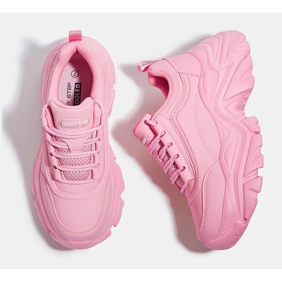 Brand New Women Pink Rubber LUCKY STEP Chunky Platform Dad Walking Sneaker - Picture 6 of 9